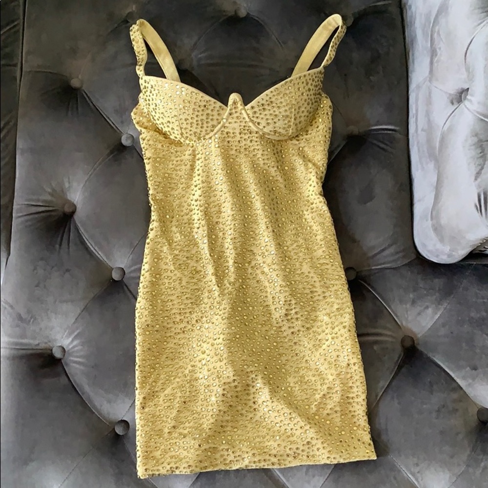 Gold Underwire Rhinestone Mini Dress